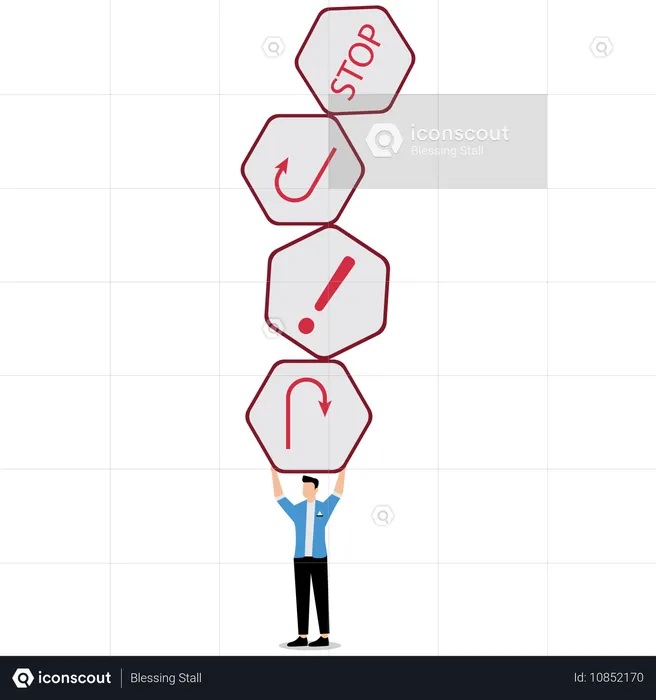 Hombre de negocios sosteniendo una señal de peligro en la carretera  Ilustración