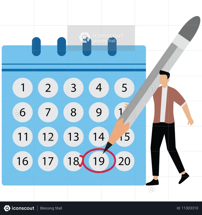 El hombre de negocios sostiene un lápiz y piensa en el plan de programación del calendario  Ilustración