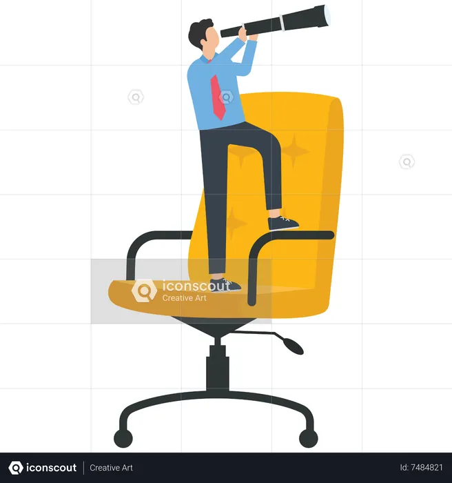 Empresario sosteniendo un telescopio parado en una silla buscando nuevo trabajo  Ilustración