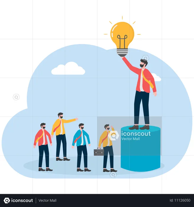 Hombre de negocios sosteniendo una antorcha y de pie en un lugar alto para proporcionar luz a sus compañeros  Ilustración