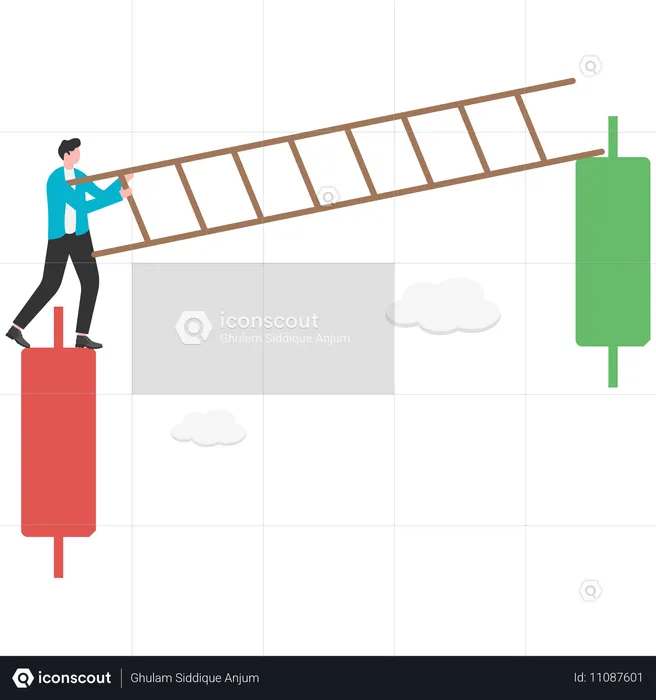 Hombre de negocios sosteniendo una escalera intentando subir desde una flecha descendente a una flecha roja ascendente  Ilustración