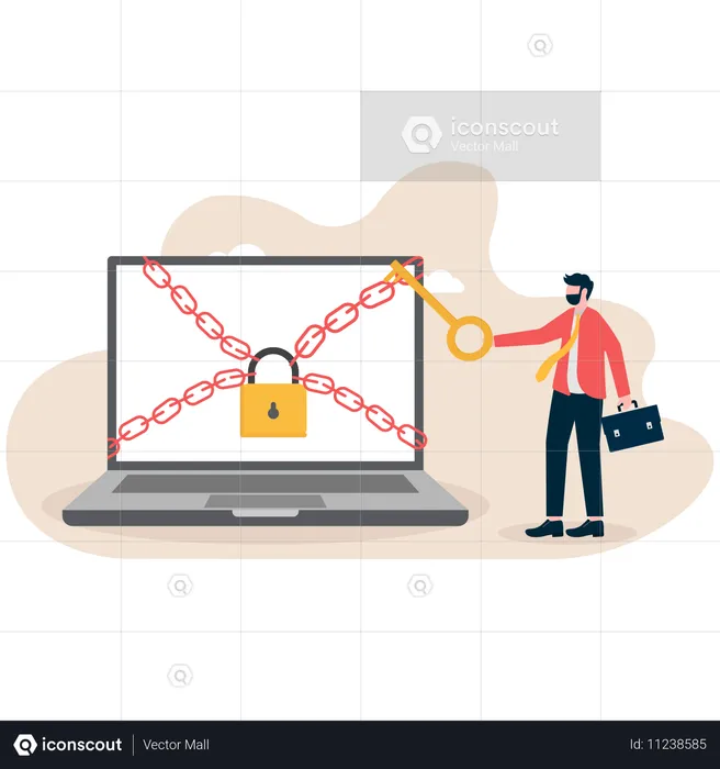 Hombre de negocios sosteniendo la llave mientras desbloquea la cadena y la cerradura en la computadora portátil  Ilustración