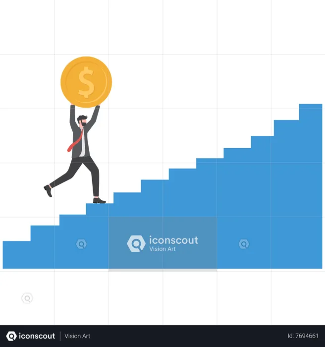 Empresario sosteniendo una moneda grande subiendo las escaleras  Ilustración