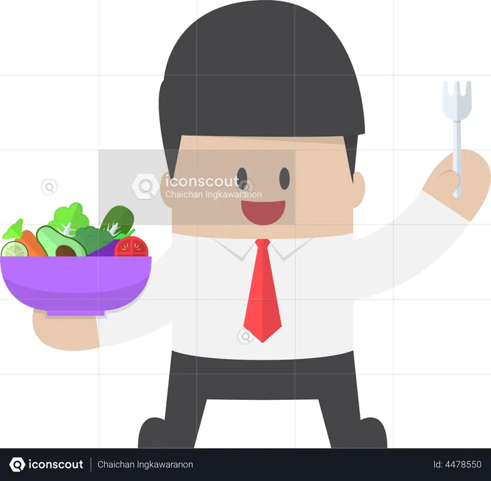 Empresario sosteniendo ensaladera de verduras y tenedor en la mano  Ilustración