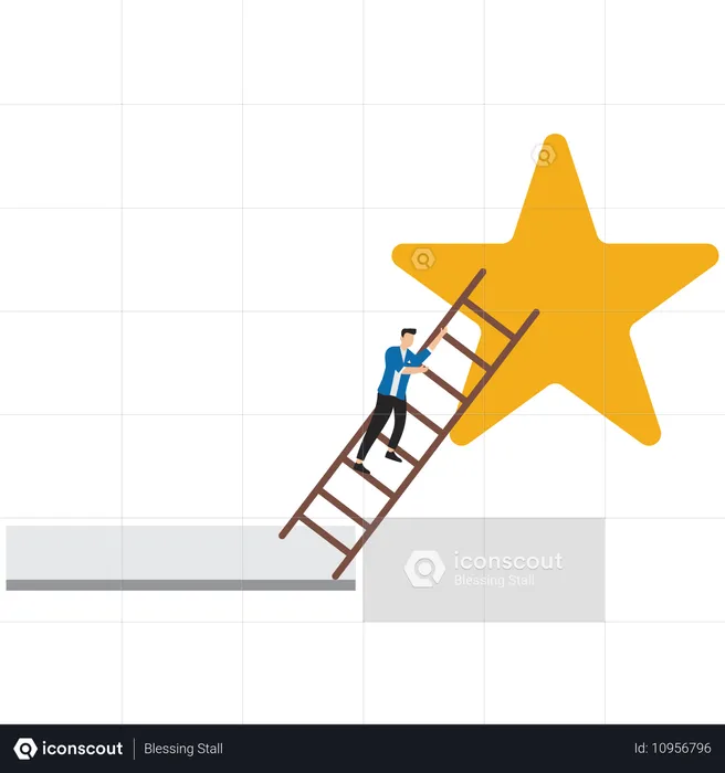 Hombre de negocios subiendo escalera apoyado contra una gran estrella  Ilustración