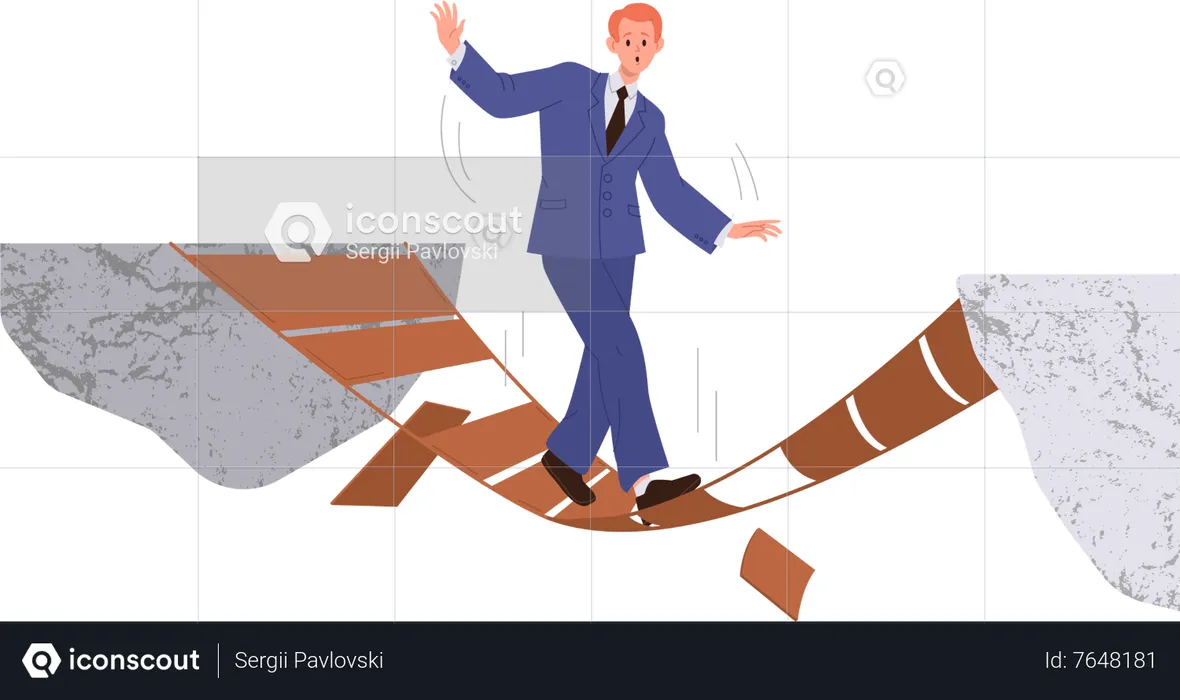 Empresario superando el desfiladero caminando sobre un puente de madera roto entre acantilados de roca  Ilustración