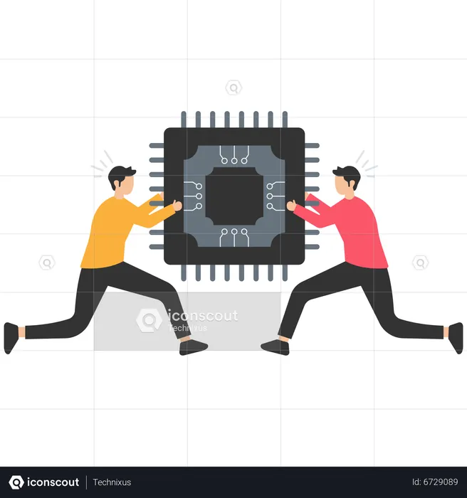 Tira y afloja del hombre de negocios luchando para conseguir el chip de computadora  Ilustración