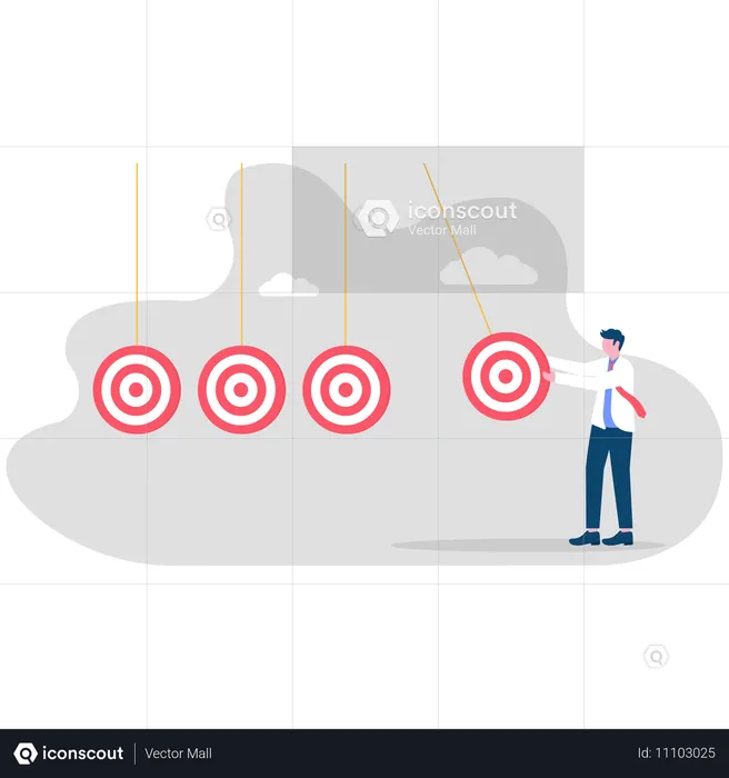 Hombre de negocios tirando del tablero de destino con una flecha en forma de diana como péndulo para marcar el próximo objetivo  Ilustración