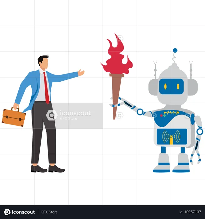 Un hombre de negocios toma una antorcha encendida de un robot  Ilustración