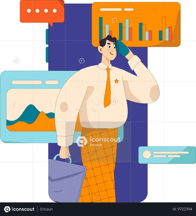 El hombre de negocios trabaja con datos gráficos.  Ilustración