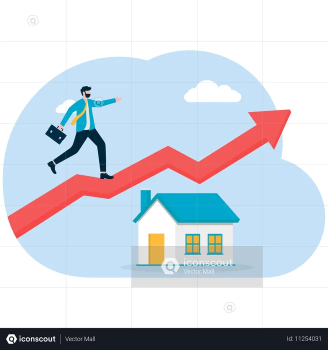 Hombre de negocios trabajando en un gráfico de aumento de la casa  Illustration