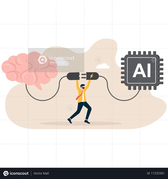 Empresario trabajando en un cerebro con inteligencia artificial  Ilustración