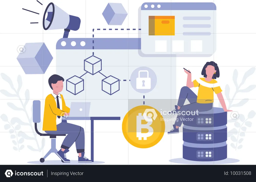 Empresario trabajando en marketing de criptomonedas  Ilustración