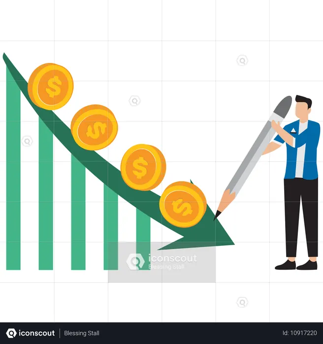 Hombre de negocios trabajando en un gráfico de negocio en declive  Ilustración