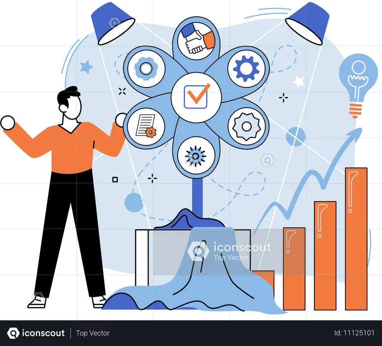 Hombre de negocios trabajando en una estrategia de solución de negocios  Ilustración