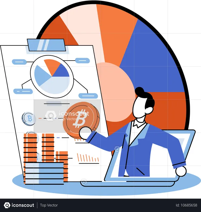 Empresário trabalha em documento sobre bitcoin  Ilustração