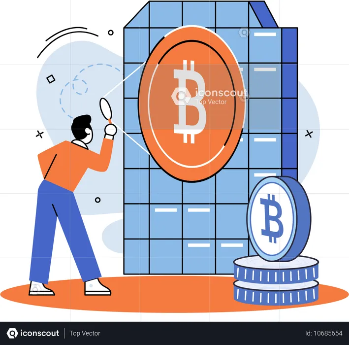 Empresário trabalha em gráfico de bitcoin  Ilustração