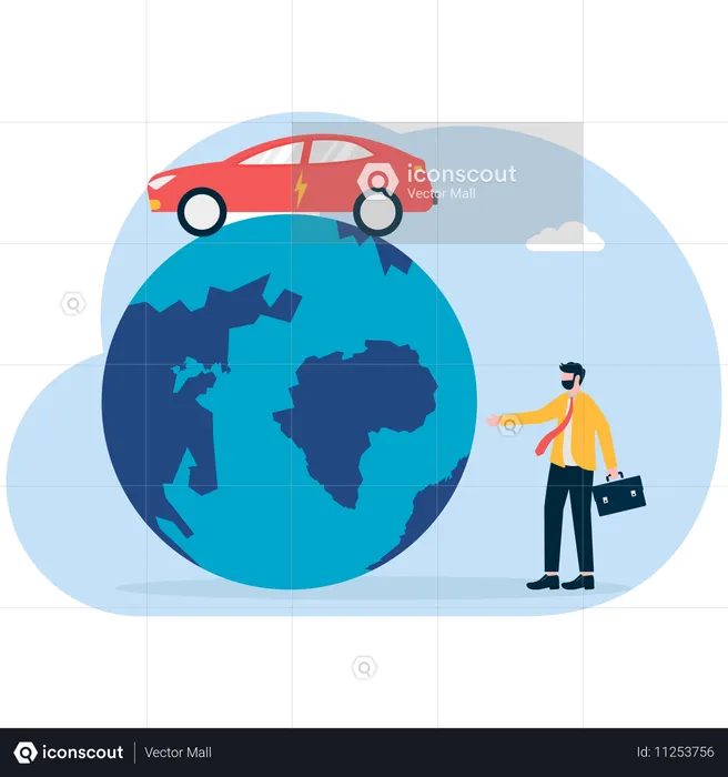 Empresário trabalhando em carro elétrico  Ilustração