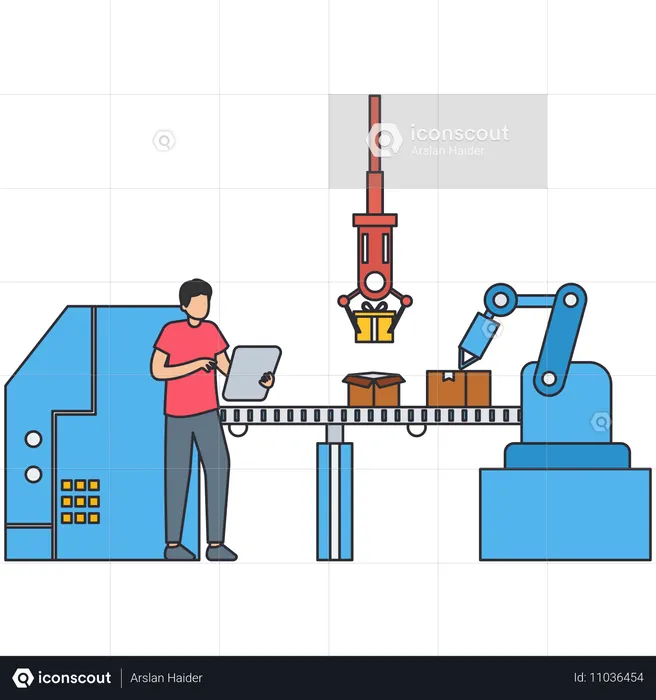 Empresário trabalhando em máquina de embalagem automatizada  Ilustração