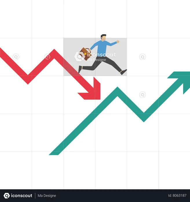 Empresário trabalhando em setas de ascensão e queda  Ilustração