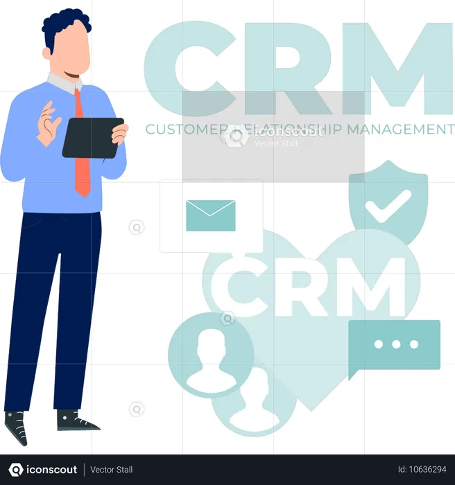 Empresário trabalhando na proteção de CRM  Ilustração