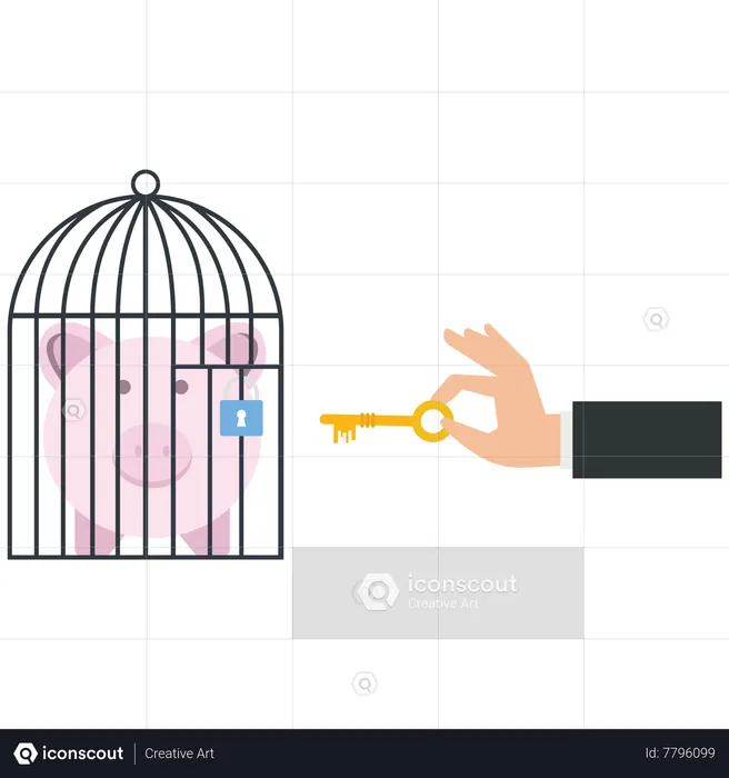 El empresario utiliza una llave para desbloquear una alcancía de una jaula  Ilustración