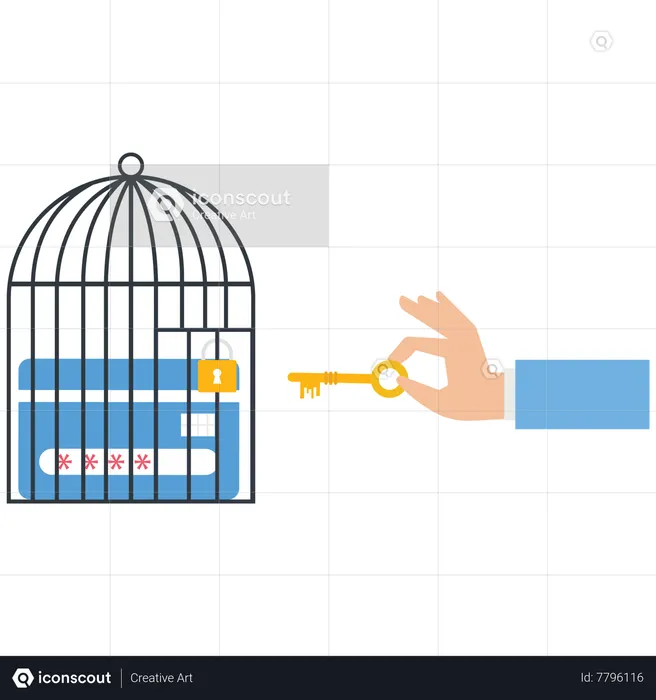 El empresario utiliza una llave para desbloquear una tarjeta de crédito de una jaula  Ilustración