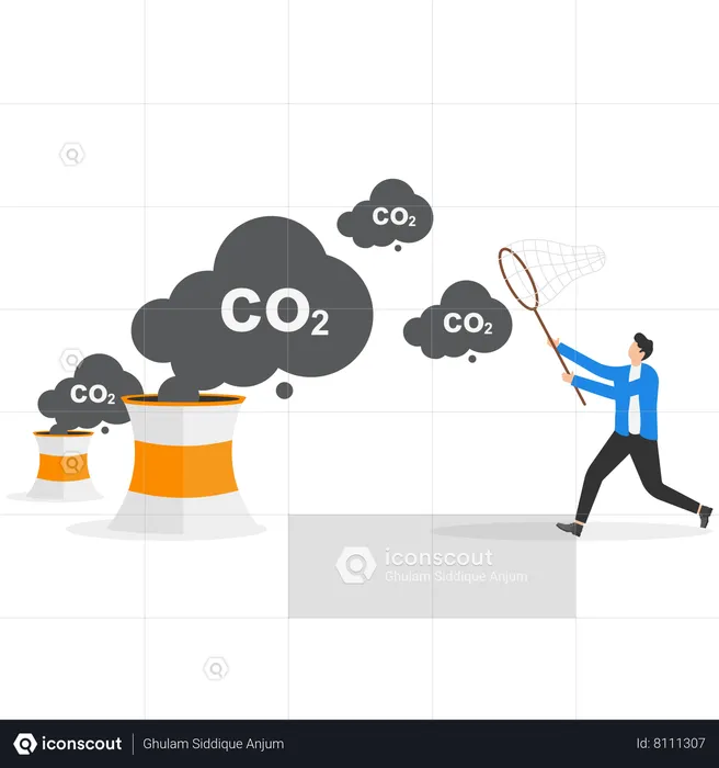 El empresario utiliza un cazamariposas para atrapar símbolos de dióxido de carbono  Ilustración