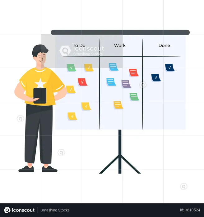 Empresário usando o quadro de tarefas para planejar o fluxo de trabalho  Ilustração