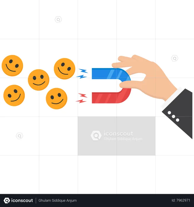Empresário usando um ímã para coletar emoticons engraçados e positivos  Ilustração