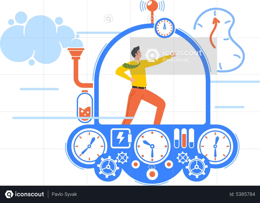Empresário voando na máquina do tempo  Ilustração
