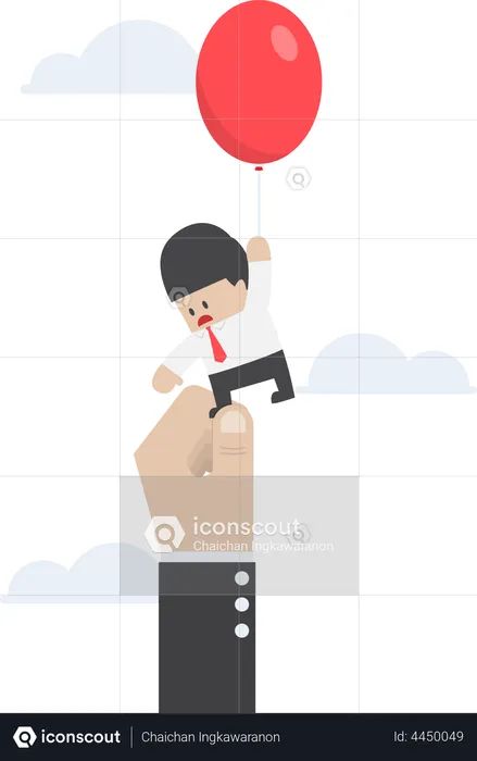 Empresario volando con un globo pero siendo obstaculizado por manos grandes  Ilustración