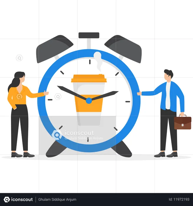 Hombre de negocios y mujer mostrando un despertador sonando con una taza de café en la esfera del reloj  Ilustración