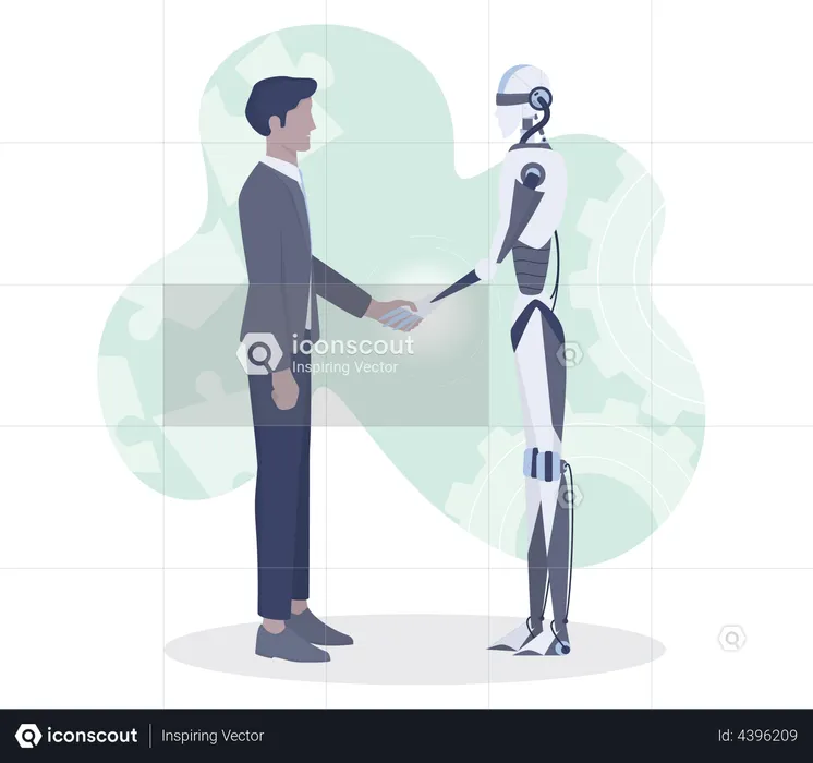 Empresario y robot dándose la mano  Ilustración