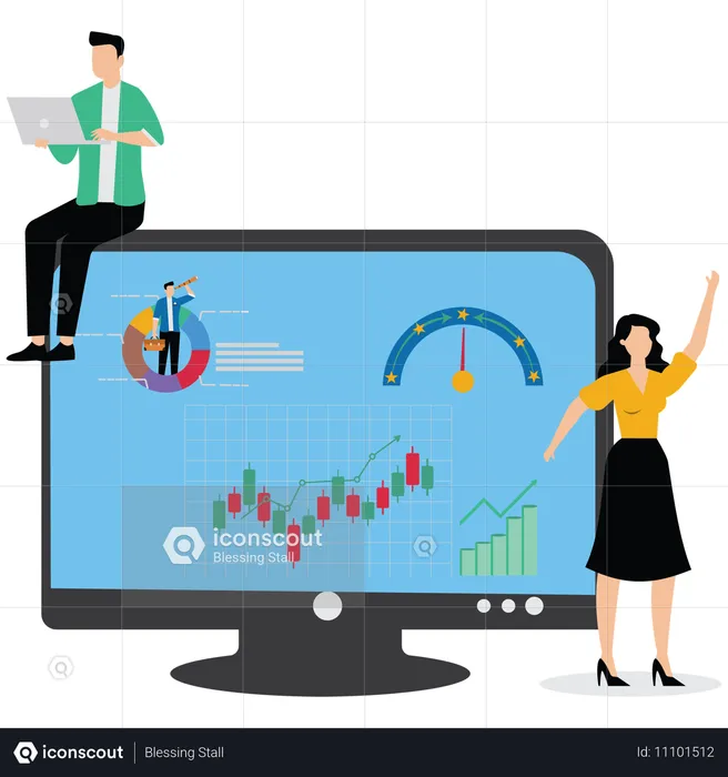 Empresários ajudam a analisar dados no painel do monitor do computador  Ilustração