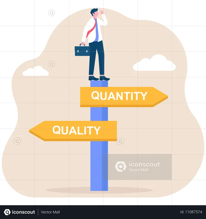 Empresários que estão confusos sobre a escolha de qualidade ou quantidade de painéis de direção  Ilustração