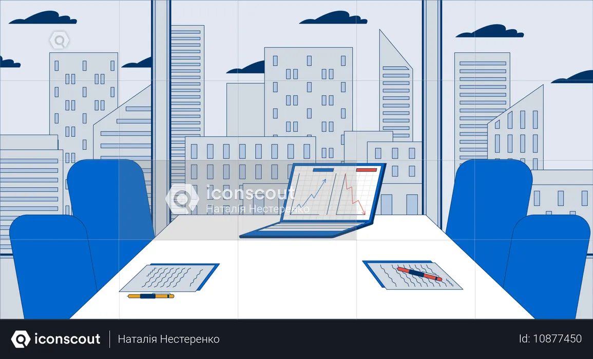 Empty meeting room table charts laptop  Illustration