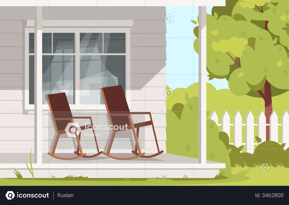 Empty Rocking Chairs At Farmhouse Illustration