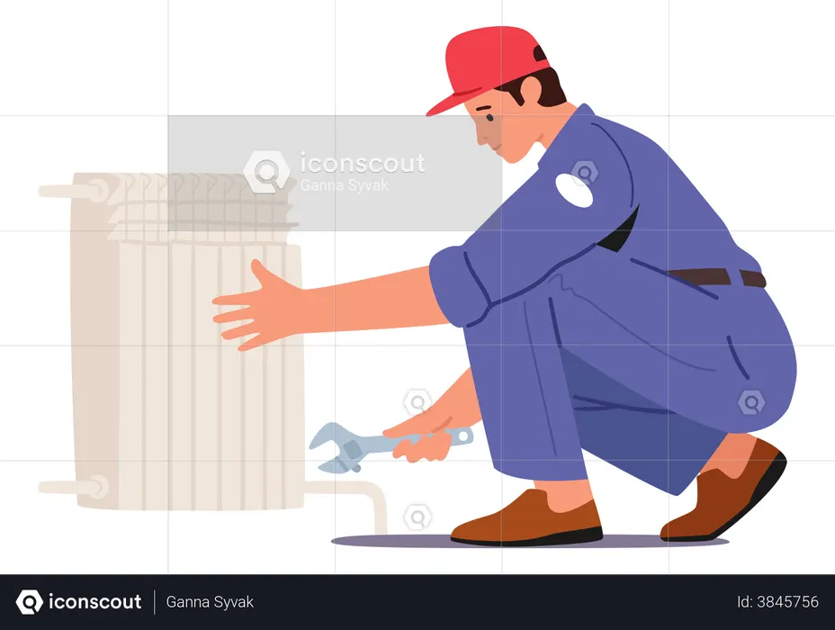 Encanador consertando tubos de aquecimento  Ilustração