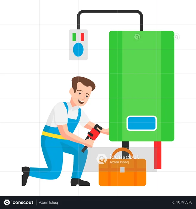 Encanador instalando aquecedor de água com auxílio de ferramentas  Ilustração