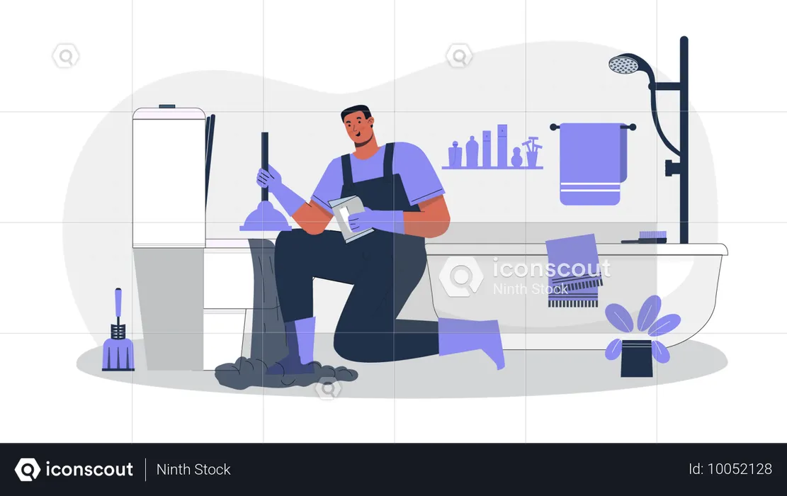 Encanador limpando banheiro  Ilustração