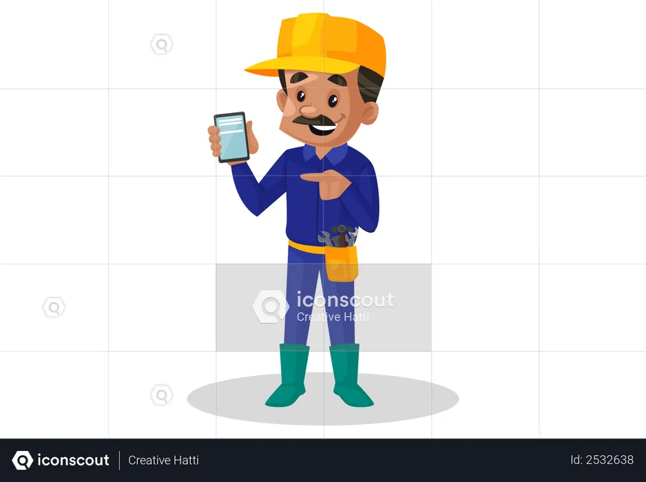 Encanador segurando celular na mão  Ilustração