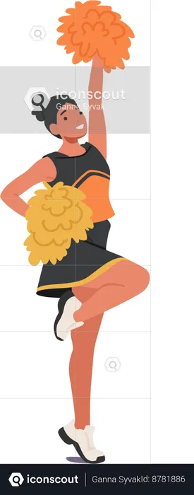 Energetic Cheerleader Girl In Vibrant Uniform Twirls Pompoms With Enthusiasm  Illustration
