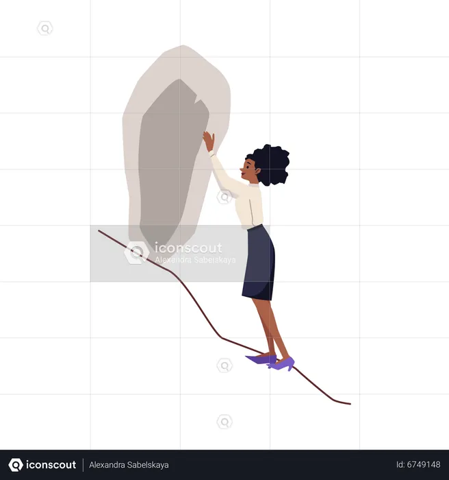 Energetic woman pushes a stone boulder  Illustration