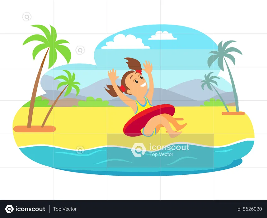 Enfant dans un tube gonflable sautant en mer  Illustration