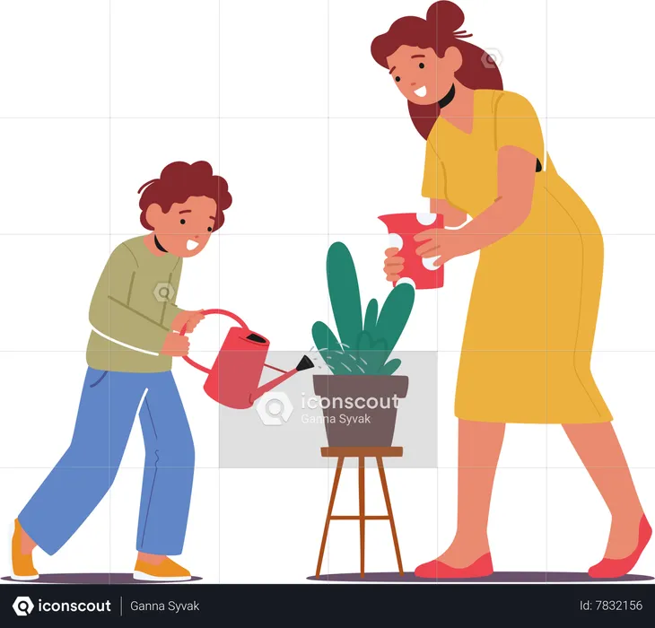 Enfant et mère arrosant une plante d'intérieur  Illustration