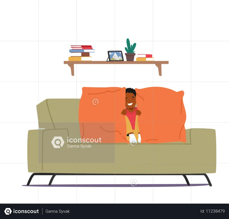 Un enfant heureux joue à cache-cache sur un canapé confortable avec des coussins orange vif  Illustration