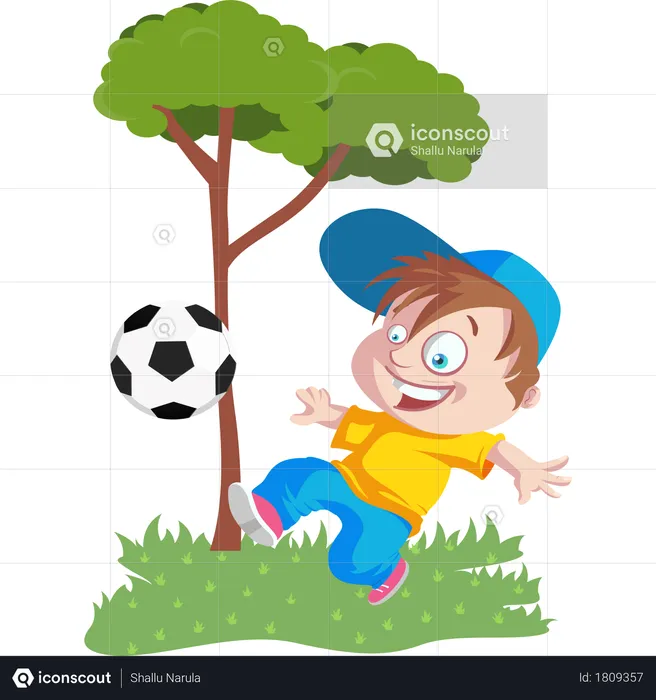 Enfant jouant au football dans le parc  Illustration