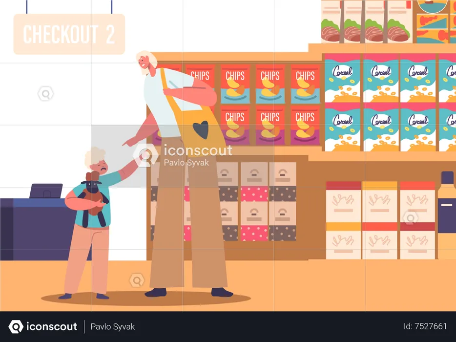 Un enfant qui pleure dans un supermarché exigeant d'acheter des chips  Illustration