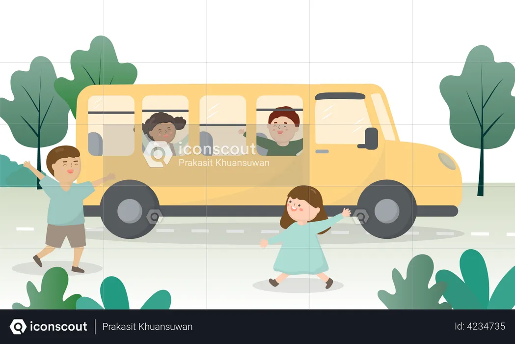 Les enfants vont à l'école dans le bus scolaire  Illustration